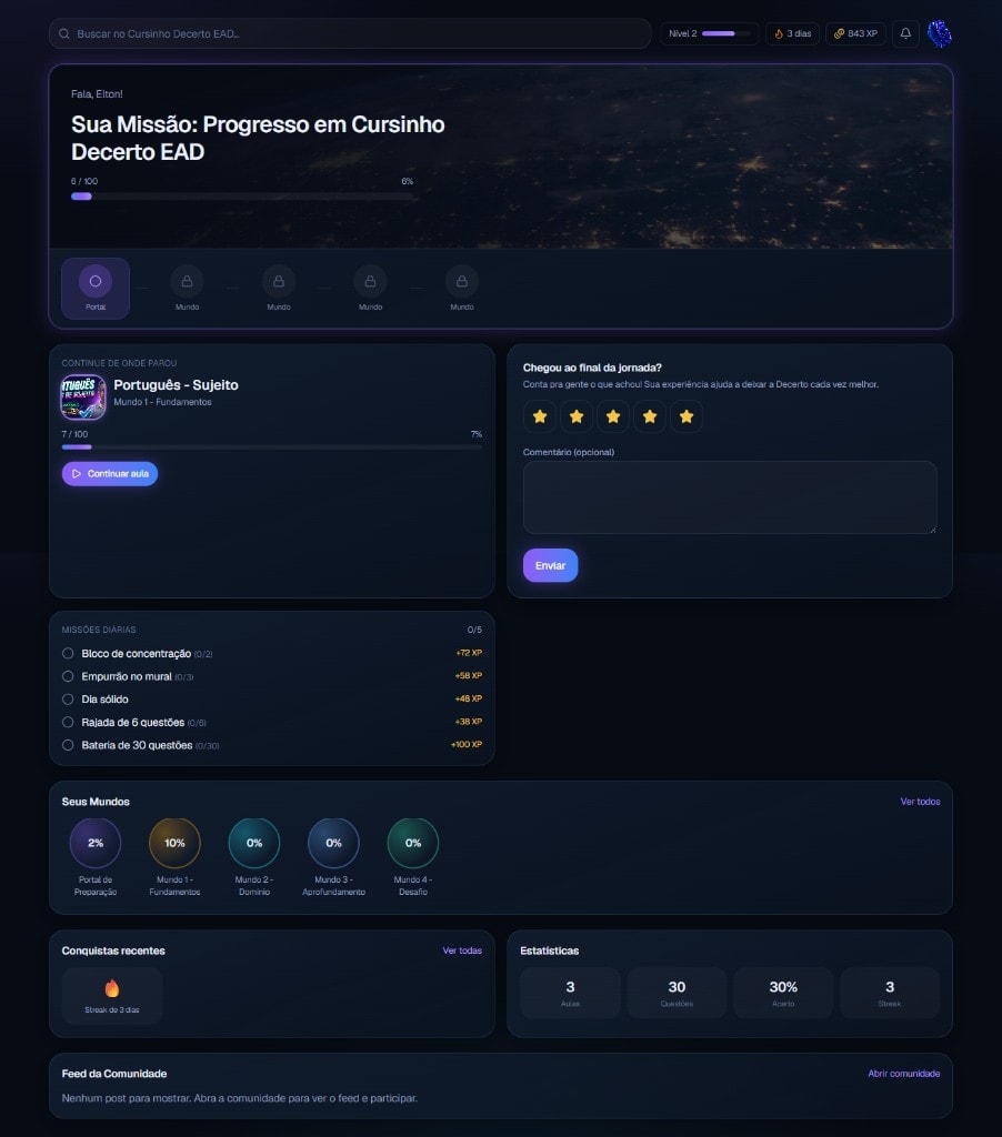 Dashboard da plataforma Decerto EAD com missões, mundos e progresso